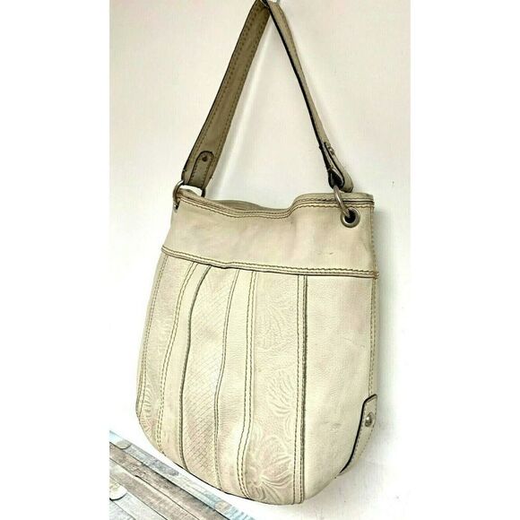 ROOMY Fossil IVORY CREAM EMBOSSED GENUINE LEATHER SHOULDER BAG TOTE HANDBAG - Picture 2 of 12